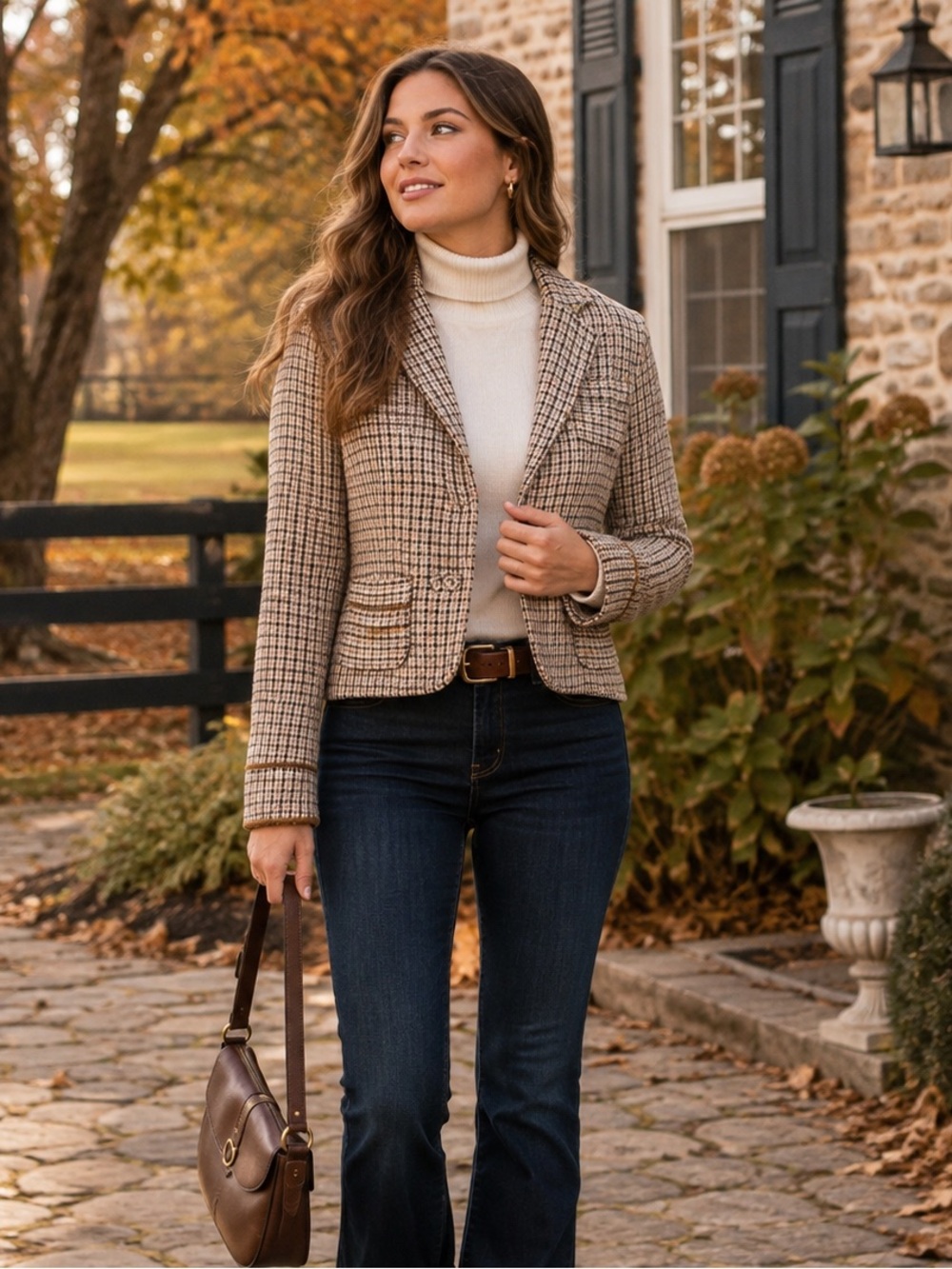 Hollister Y2K Wool Blend Tweed Cropped Blazer Jacket Brown Medium